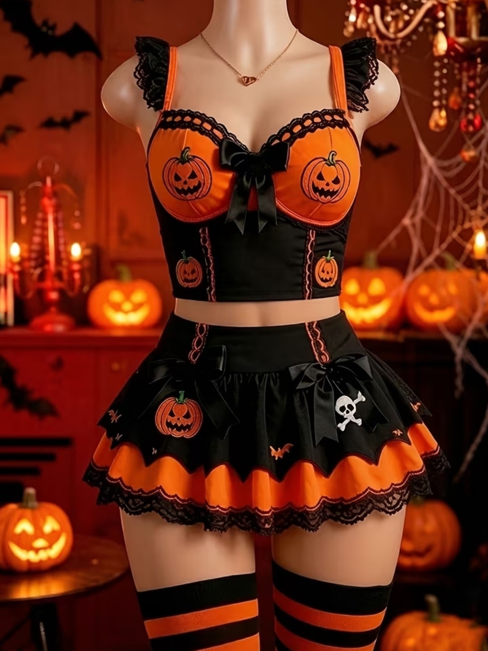 Halloween Pumpkin Corset Crop Top & Skirt Set - Orange & Black Sz M , Sz L